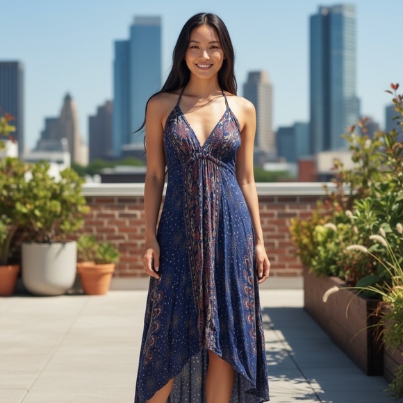 None Dresses & Skirts - Women’s Boho Halter Maxi Dress – Strappy Open Back Festival Dress – Size Small